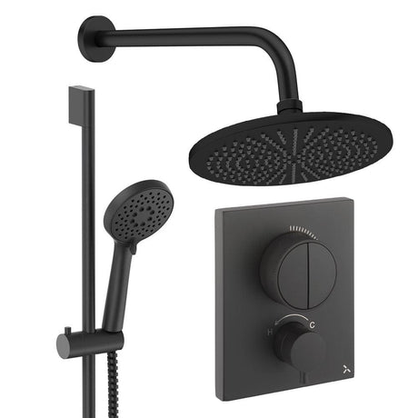 UK Bathroom Store Concealed Shower Set Matt Black / Wall Arm / 300mm Crosswater Crossbox Push Shower Set 2 - 2 Outlet with Fixed Overhead Shower and Slide Rail Kit