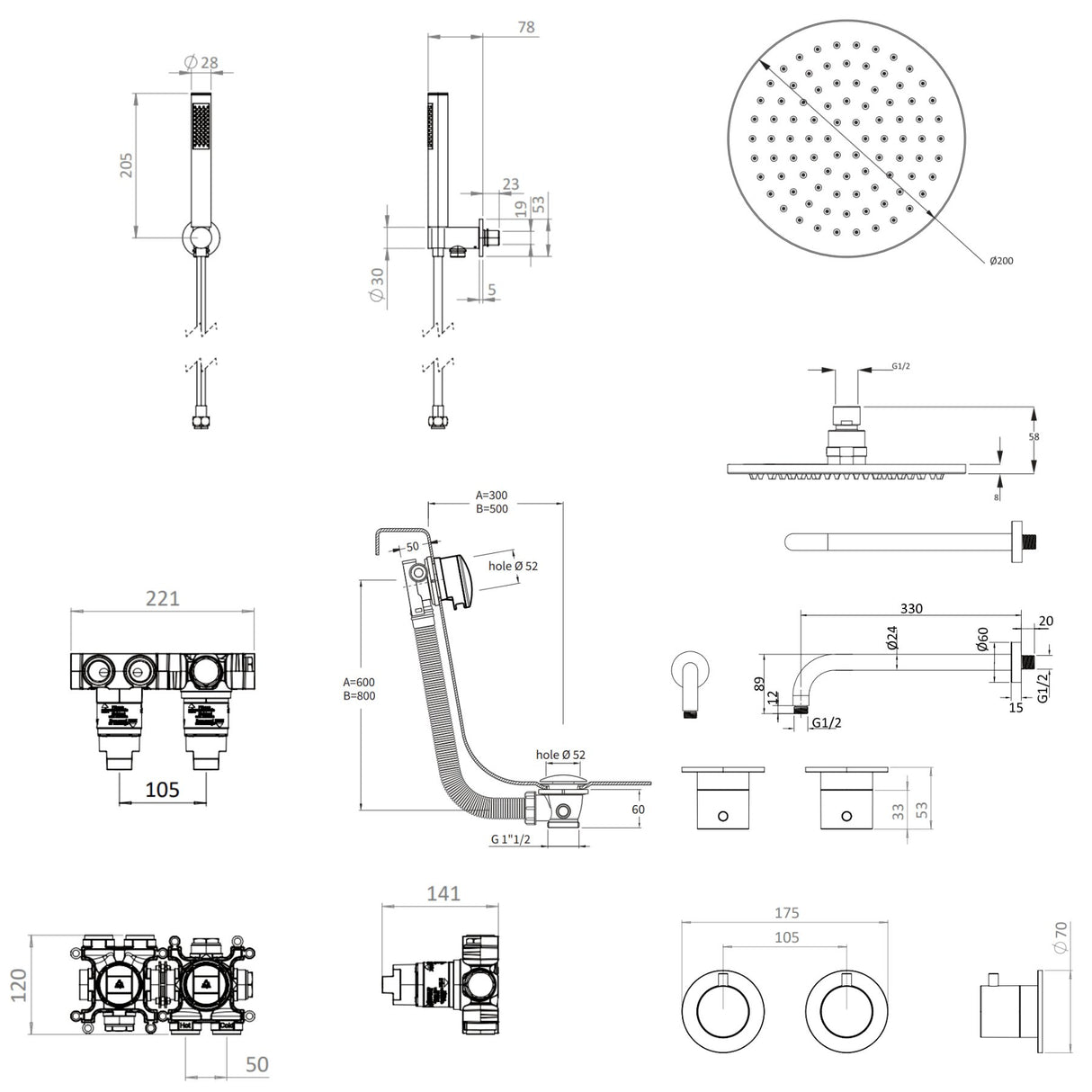 UK Bathroom Store Concealed Shower Set Crosswater Module Shower Set 6 - 3 Outlet with Overhead Shower, Handset and Overflow Bath Filler