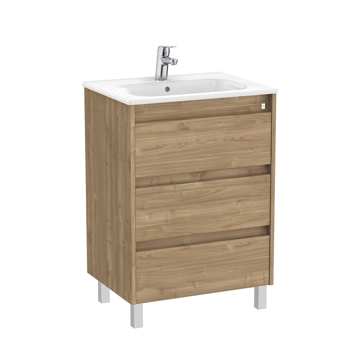 Roca Floor Standing Vanity Unit Walnut Roca Tenet 600mm Floor Standing Three Drawer Vanity Unit with Basin
