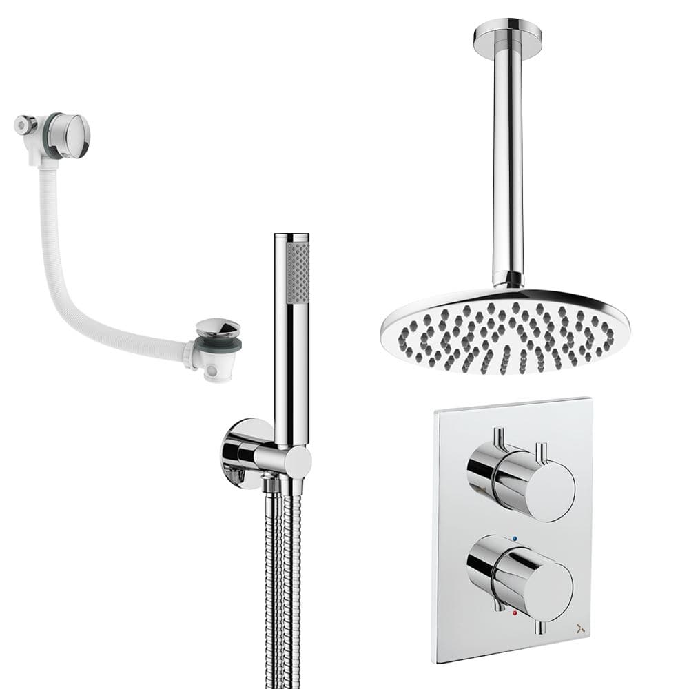 UK Bathroom Store Concealed Shower Set Chrome / Ceiling Arm / 200mm Crosswater Crossbox Shower Set 9 - 3 Outlet with Fixed Overhead Shower,Pencil Handset and Overflow Bath Filler Waste