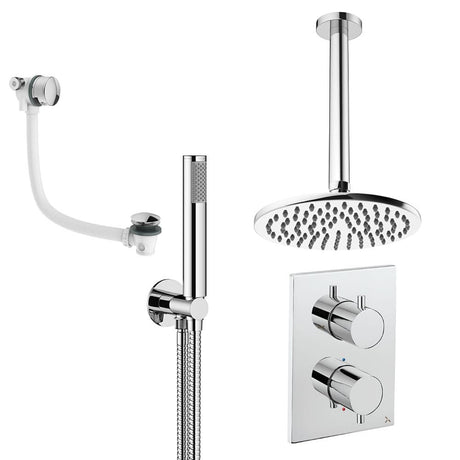 UK Bathroom Store Concealed Shower Set Chrome / Ceiling Arm / 200mm Crosswater Crossbox Shower Set 9 - 3 Outlet with Fixed Overhead Shower,Pencil Handset and Overflow Bath Filler Waste