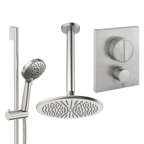 UK Bathroom Store Concealed Shower Set Brushed Nickel / Ceiling Arm / 300mm Crosswater Crossbox Push Shower Set 2 - 2 Outlet with Fixed Overhead Shower and Slide Rail Kit