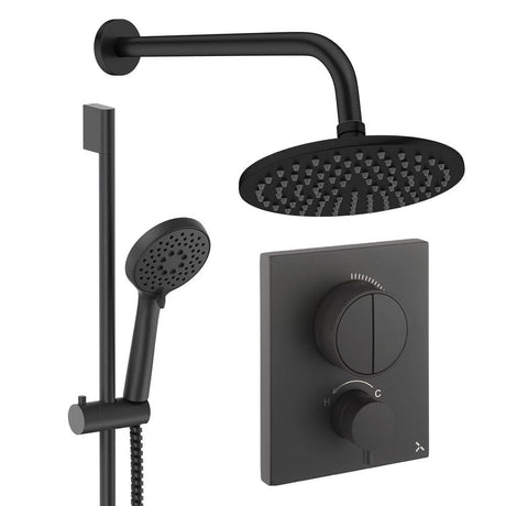 UK Bathroom Store Concealed Shower Set Matt Black / Wall Arm / 200mm Crosswater Crossbox Push Shower Set 2 - 2 Outlet with Fixed Overhead Shower and Slide Rail Kit