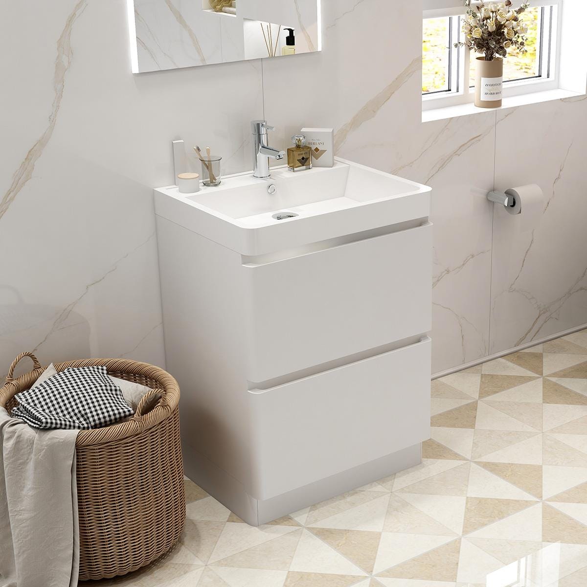 Imex Floor Standing Vanity Unit Imex Ivo Floor Standing 600mm Double Drawer Vanity Unit with Basin in White Gloss