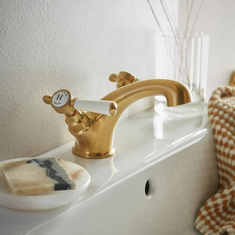 Vado Mono Basin Tap Brushed Brass/Crackled White / Yes Booth & Co . Axbridge Lever Mono Basin Mixer Tap