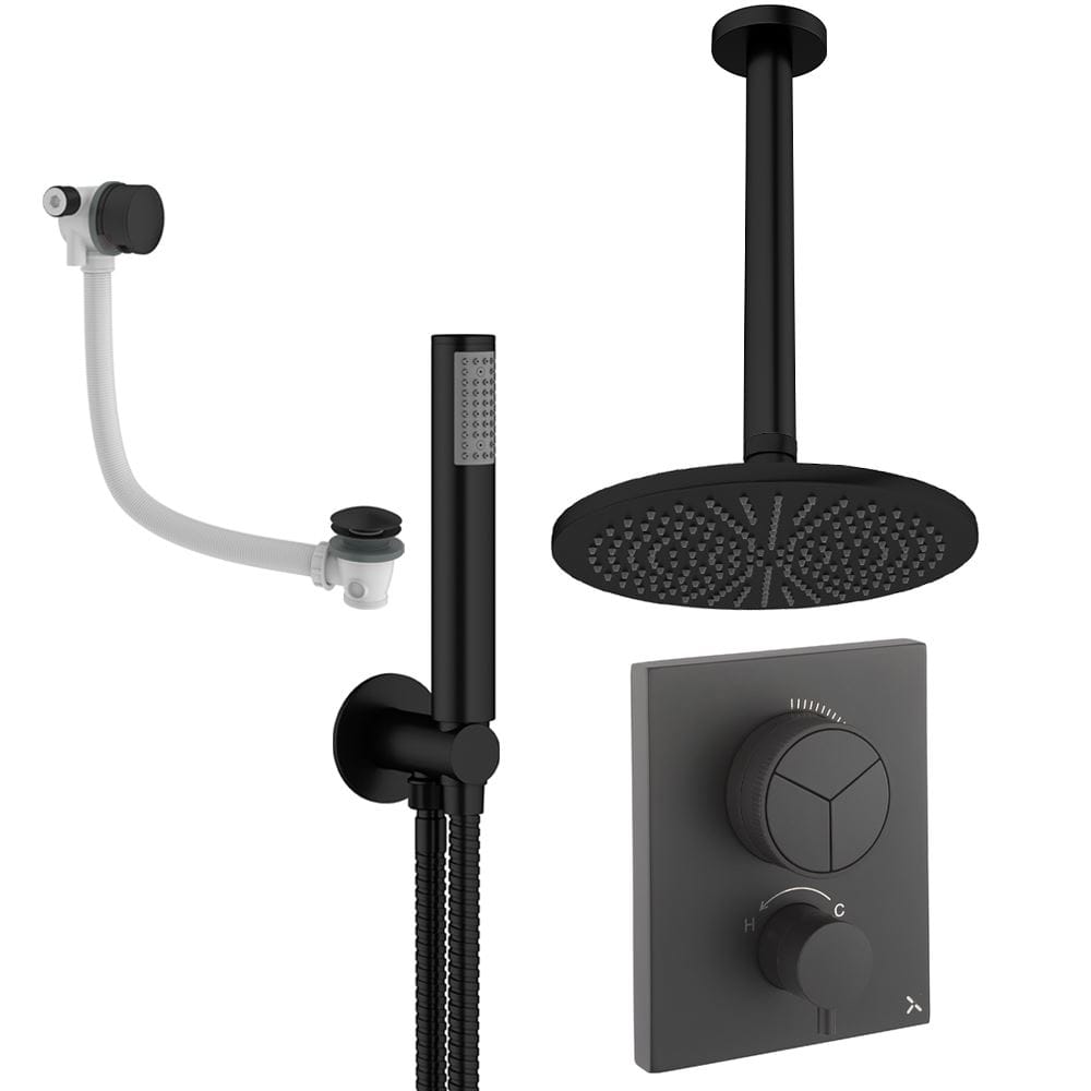 UK Bathroom Store Concealed Shower Set Matt Black / Ceiling Arm / 300mm Crosswater Crossbox Push Shower Set 7 - 3 Outlet with Fixed Overhead Shower, Pencil Handset and Overflow Bath Filler Waste