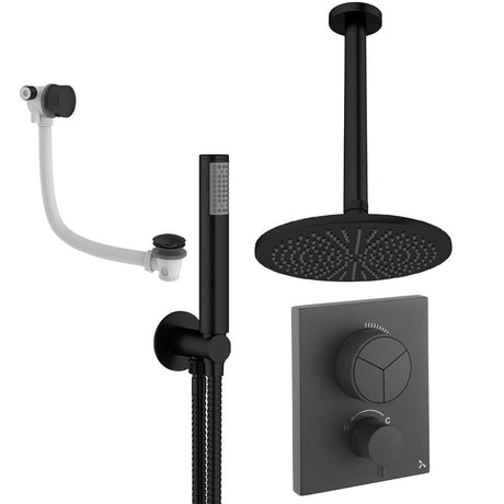UK Bathroom Store Concealed Shower Set Matt Black / Ceiling Arm / 300mm Crosswater Crossbox Push Shower Set 7 - 3 Outlet with Fixed Overhead Shower, Pencil Handset and Overflow Bath Filler Waste
