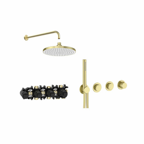 Roca Concealed Shower Set Brushed Brass Roca T-Multi Switch Thermostatic Concealed Shower Valve with Rainshower Head, Pencil Handset and  Hose