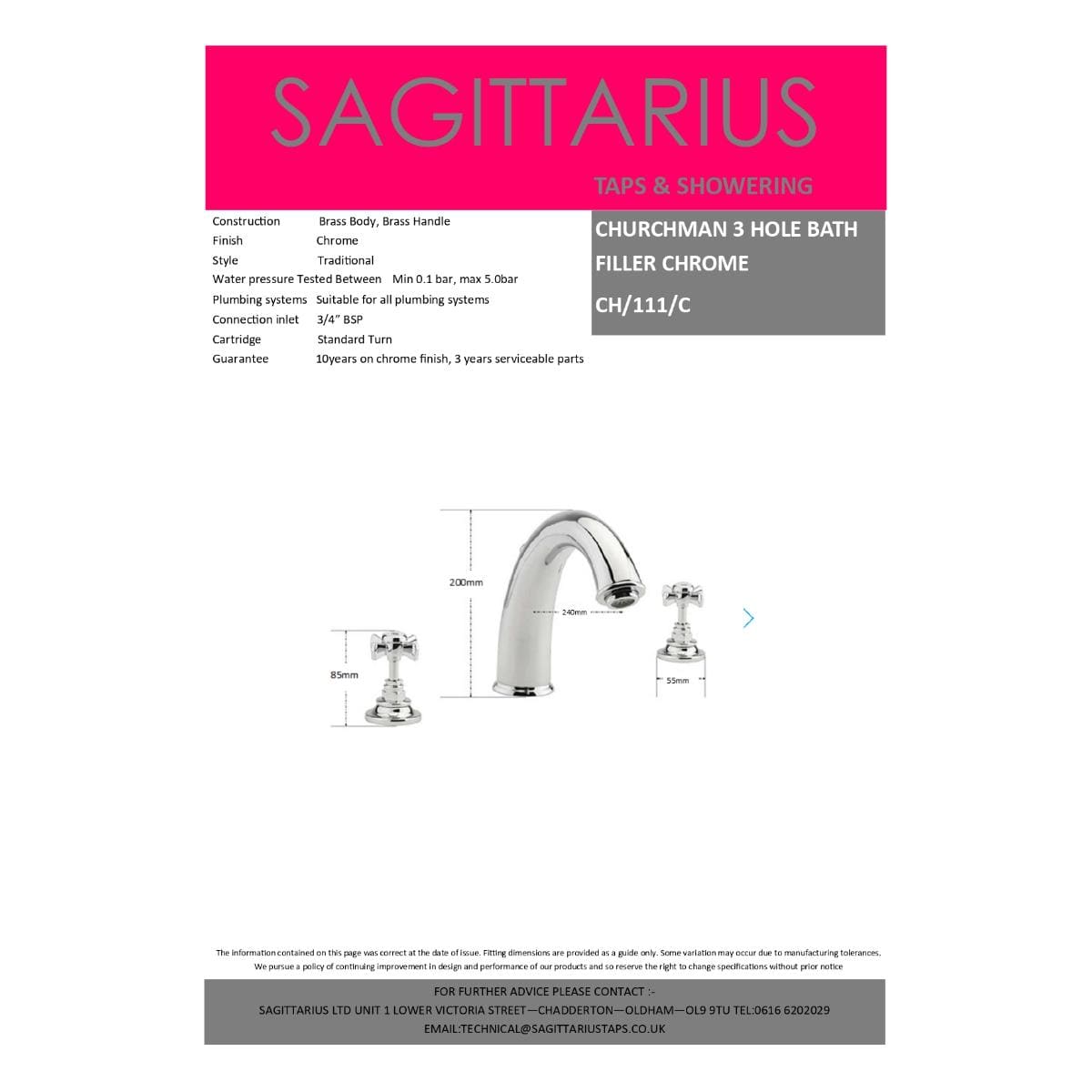 Sagittarius Bath Mixer Sagittarius Churchman 3 Hole Deck Mounted Bath Filler Tap in Chrome