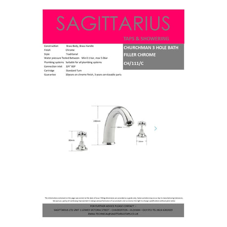 Sagittarius Bath Mixer Sagittarius Churchman 3 Hole Deck Mounted Bath Filler Tap in Chrome