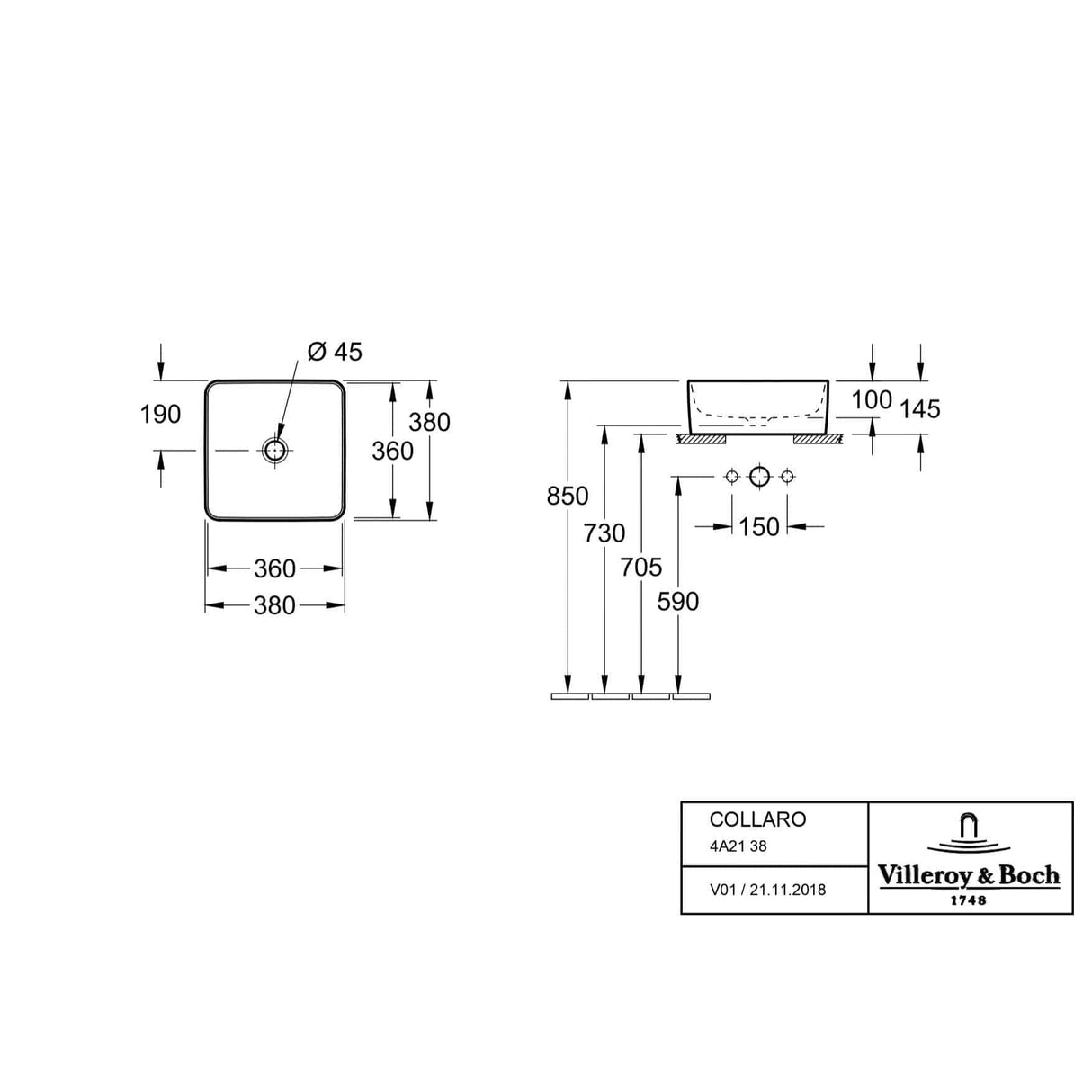 Villeroy & Boch Countertop Basin Villeroy & Boch Collaro 380mm Square Countertop Basin in White Alpin