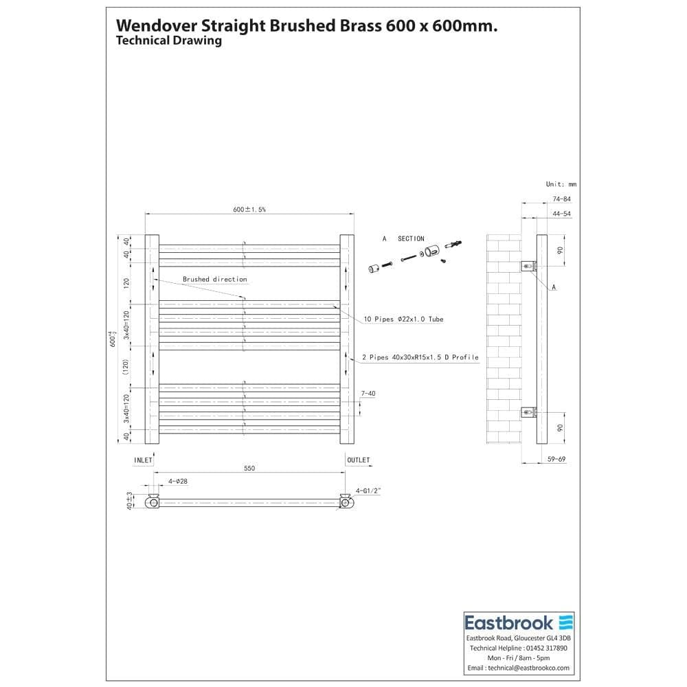 Eastbrook Wendover Straight Heated Towel Rail in Brushed Brass