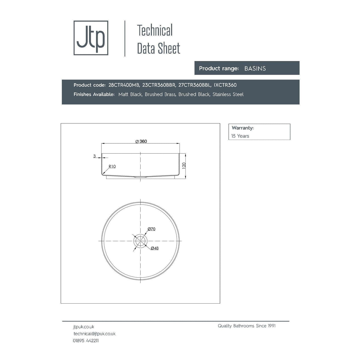 JTP Countertop Basin JTP VOS Grade 316 Stainless Steel Round Countertop Basin