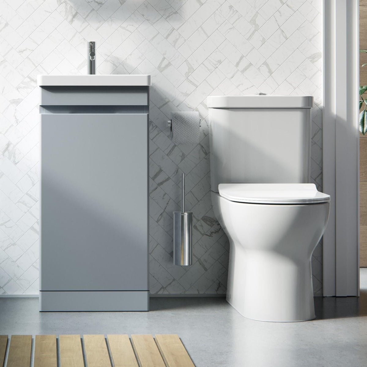 Saneux Close Coupled Toilet Saneux Air Open Back Close Coupled Rimless Toilet with Soft Close Seat