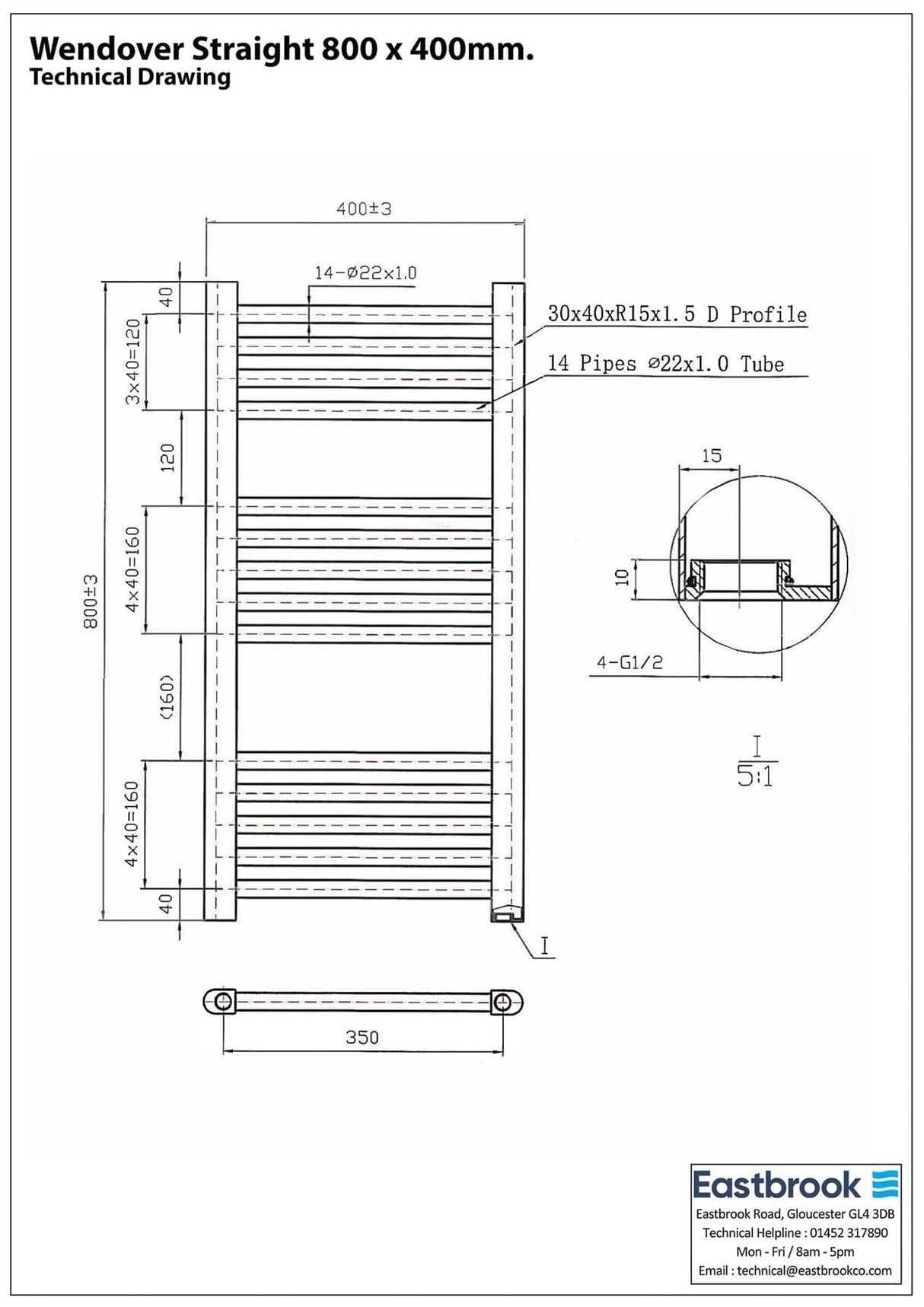 Eastbrook Ladder Rail Eastbrook Wendover Straight Vertical Heated Towel Rail - 800 x 400mm - Chrome