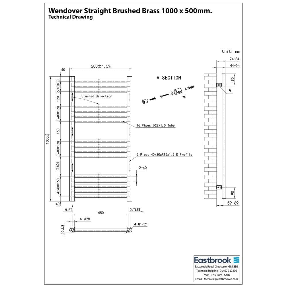 Eastbrook Ladder Rail Eastbrook Wendover Straight Heated Towel Rail in Brushed Brass