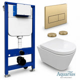 Aquarius Bathrooms Wall Hung Toilet Brushed Brass / Square Aquarius Urbano Rimless Wall Hung Toilet Pack with Frame, Flush Plate, Soft Closing Seat and Hinge Covers