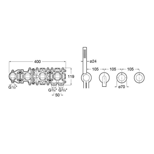 Roca Concealed Shower Set Roca T-Multi Thermostatic Concealed Shower Valve with Pencil Handset, Holder, Hose and Bath Spout