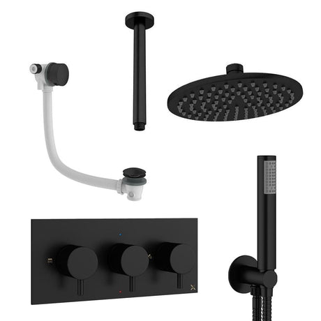 Crosswater Concealed Shower Set Matt Black / Ceiling Arm / 200mm Crosswater Design 3 Handle 3 Outlet Shower and Bath Filler Set 8