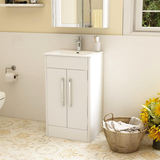 Imex Floor Standing White Gloss Imex Suburb Floor Standing 500mm Double Door Vanity Unit with Basin