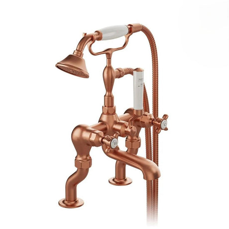 Vado Bath Shower Mixer Brushed Bronze/Crackled White Booth & Co. Axbridge Crosshead Deck Mounted Bath Shower Mixer with Traditional Shower Handset