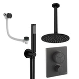 UK Bathroom Store Concealed Shower Set Matt Black / Ceiling Arm / 200mm Crosswater Crossbox Push Shower Set 7 - 3 Outlet with Fixed Overhead Shower, Pencil Handset and Overflow Bath Filler Waste