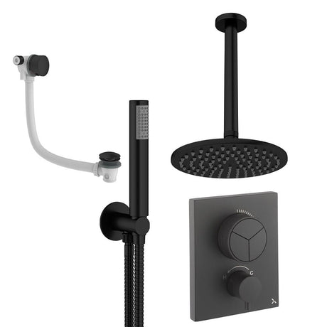 UK Bathroom Store Concealed Shower Set Matt Black / Ceiling Arm / 200mm Crosswater Crossbox Push Shower Set 7 - 3 Outlet with Fixed Overhead Shower, Pencil Handset and Overflow Bath Filler Waste