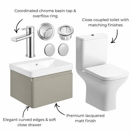 Aquarius Bathrooms Suites Aquarius Sophie 605mm Wall Hung Vanity Unit, Close Coupled Toilet, Tap and Fittings Bundle