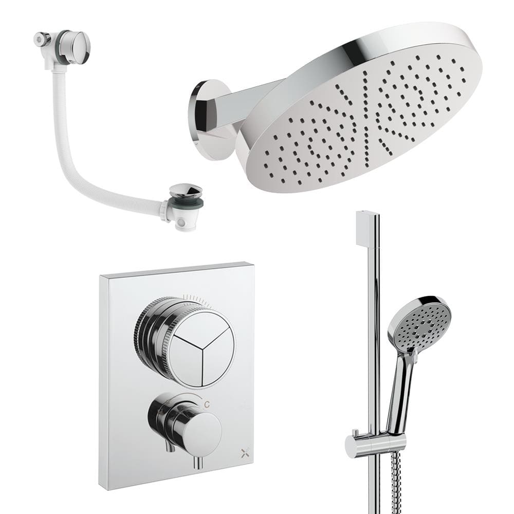 UK Bathroom Store Concealed Shower Set Chrome Crosswater Crossbox Push Shower Set 10 - 3 Outlet with Revive Steel Overhead Shower, Slide Rail Kit and Overflow Bath Filler Waste