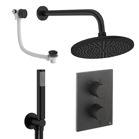 UK Bathroom Store Concealed Shower Set Matt Black / Wall Arm / 300mm Crosswater Crossbox Shower Set 9 - 3 Outlet with Fixed Overhead Shower,Pencil Handset and Overflow Bath Filler Waste