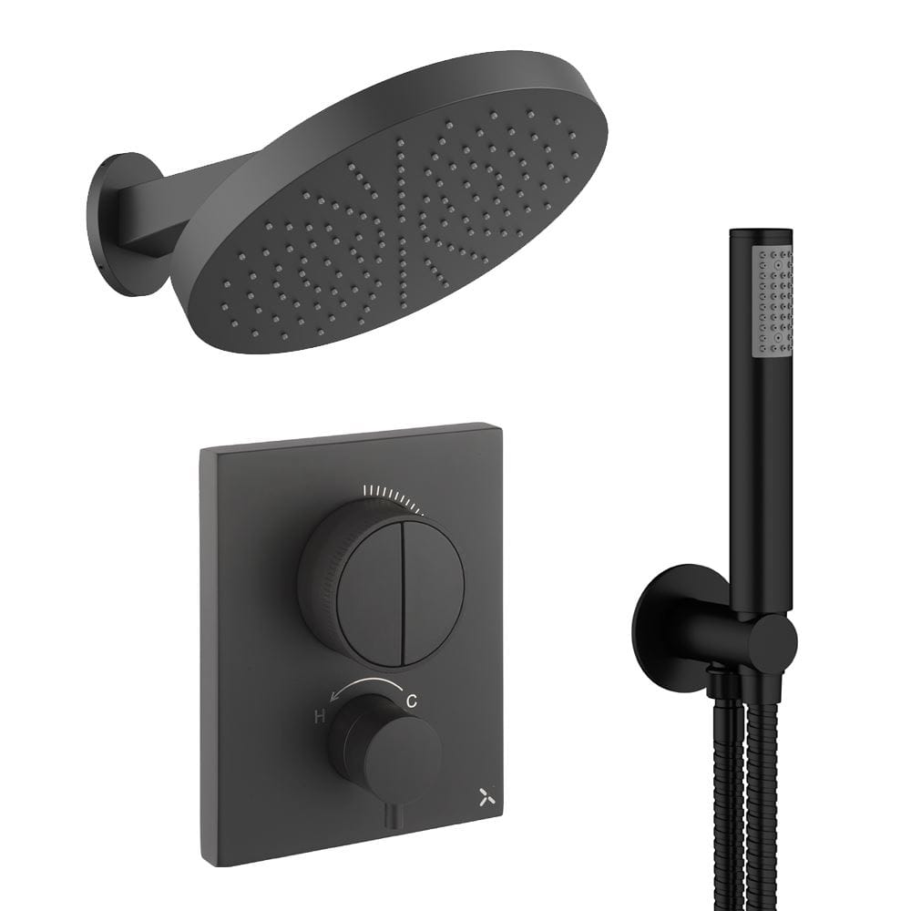UK Bathroom Store Concealed Shower Set Matt Black Crosswater Crossbox Push Shower Set 6 - 2 Outlet with Revive Steel Overhead Shower and Pencil Handset