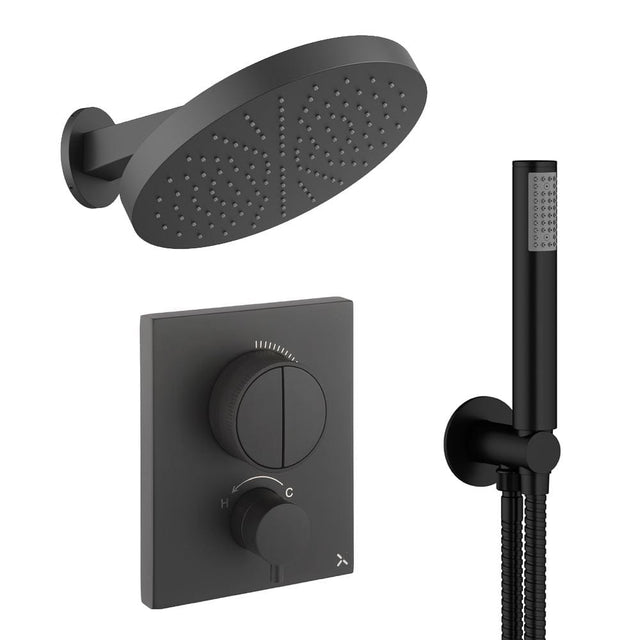 UK Bathroom Store Concealed Shower Set Matt Black Crosswater Crossbox Push Shower Set 6 - 2 Outlet with Revive Steel Overhead Shower and Pencil Handset