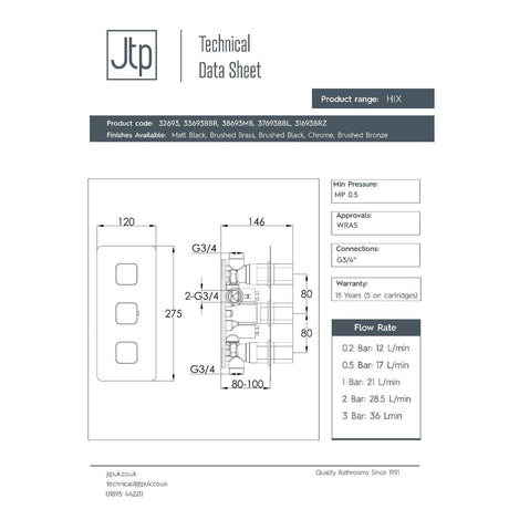 JTP Concealed Shower Valve JTP HIX 2 Outlet, 3 Handle Horizontal Thermostatic Concealed Shower Valve
