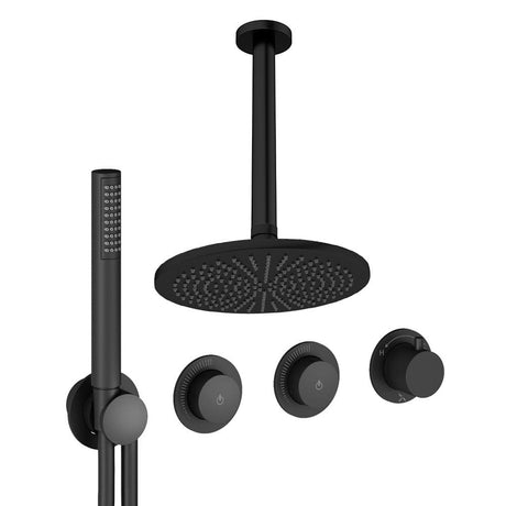 UK Bathroom Store Concealed Shower Set Matt Black / Ceiling Arm / 300mm Crosswater Module Shower Set 8 - 2 Outlet with Pencil Handset and Overhead Shower