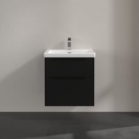 Villeroy & Boch Wall Mounted Vanity Unit Volcano Black with Black Handles Villeroy & Boch Subway 3.0 Wall Hung 600mm Two Drawer Vanity Unit with Basin