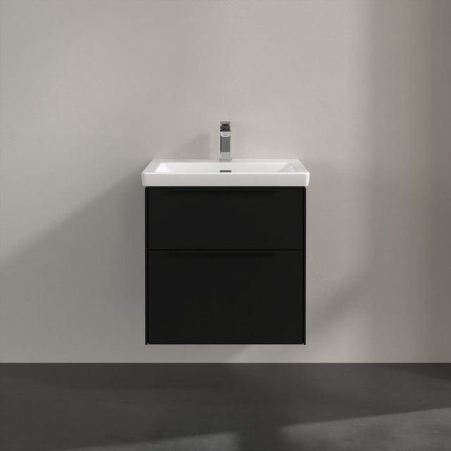 Villeroy & Boch Wall Mounted Vanity Unit Volcano Black with Black Handles Villeroy & Boch Subway 3.0 Wall Hung 600mm Two Drawer Vanity Unit with Basin