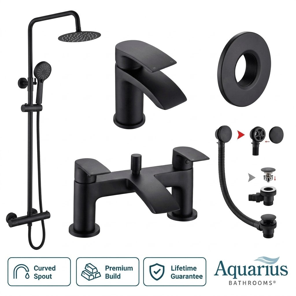 Aquarius Bathrooms Exposed Shower Set Matt Black Aquarius Arc Complete Brassware Pack with Bath and Basin Tap and Exposed Shower