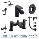 Aquarius Bathrooms Exposed Shower Set Matt Black Aquarius Arc Complete Brassware Pack with Bath and Basin Tap and Exposed Shower