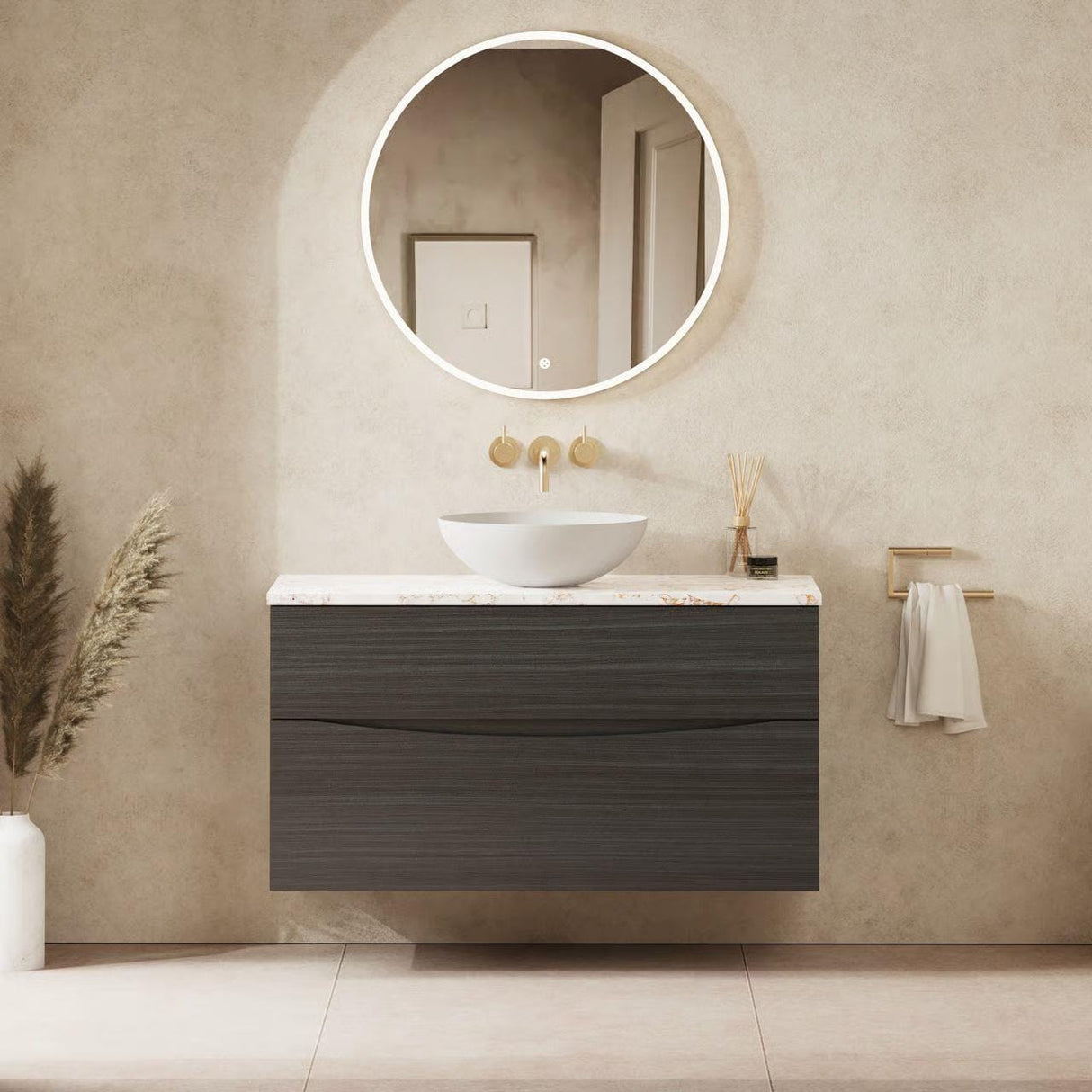 Crosswater Wall Mounted Vanity Unit 1000mm / Steelwood / Gold Vein Estatuario Crosswater Glide II Wall Mounted Two Drawer Vanity Unit with Worktop
