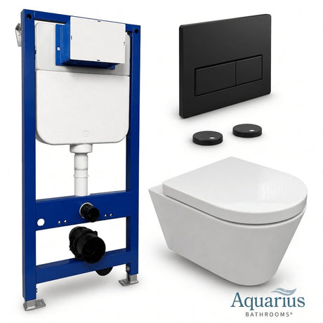 Aquarius Bathrooms Wall Hung Toilet Matt Black / Square Aquarius Urbano Rimless Wall Hung Toilet Pack with Frame, Flush Plate, Soft Closing Seat and Hinge Covers