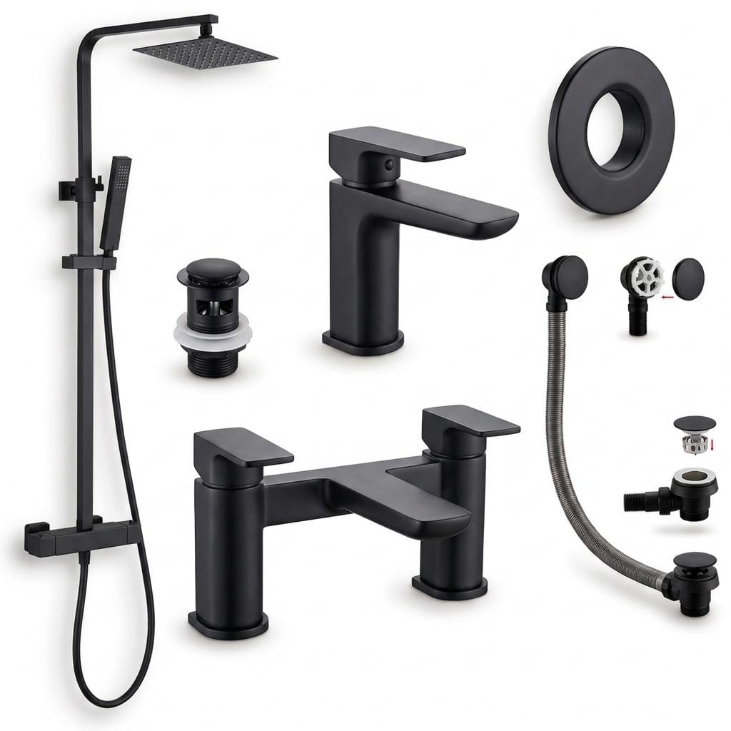 Aquarius Bathrooms Exposed Shower Set Matt Black Aquarius Hydro Complete Shower Brassware Pack with Basin Mixer, Bath Mixer & Round Exposed Shower