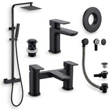 Aquarius Bathrooms Exposed Shower Set Matt Black Aquarius Hydro Complete Shower Brassware Pack with Basin Mixer, Bath Mixer & Round Exposed Shower
