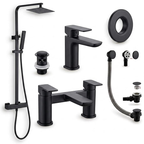 Aquarius Bathrooms Exposed Shower Set Matt Black Aquarius Hydro Complete Shower Brassware Pack with Basin Mixer, Bath Mixer & Round Exposed Shower