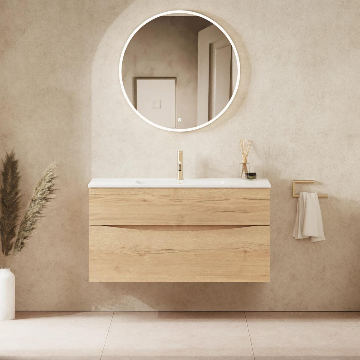 Crosswater Wall Mounted Vanity Unit 1000mm / Windsor Oak Crosswater Glide II Wall Mounted Two Drawer Vanity Unit with Basin