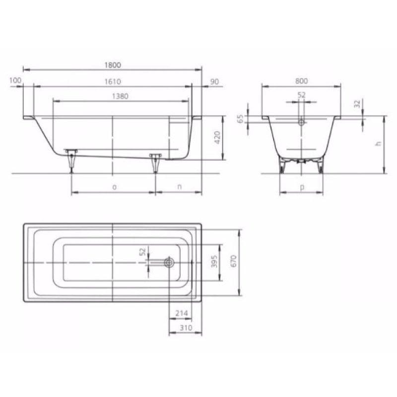 Kaldewei Single Ended Bath 1800 x 800mm / 2 Kaldewei Puro Single Ended Steel Bath with Leg Set