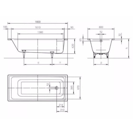 Kaldewei Single Ended Bath 1800 x 800mm / 2 Kaldewei Puro Single Ended Steel Bath with Leg Set