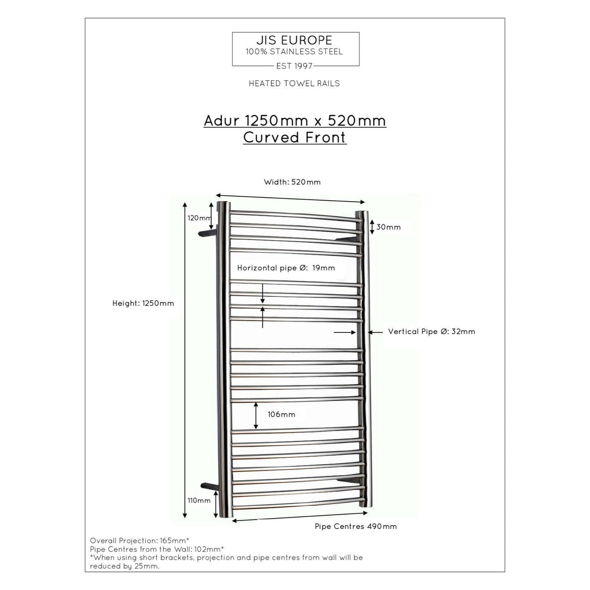 JIS Ladder Rail JIS Sussex Adur Vertical Stainless Steel Curved Heated Towel Rail