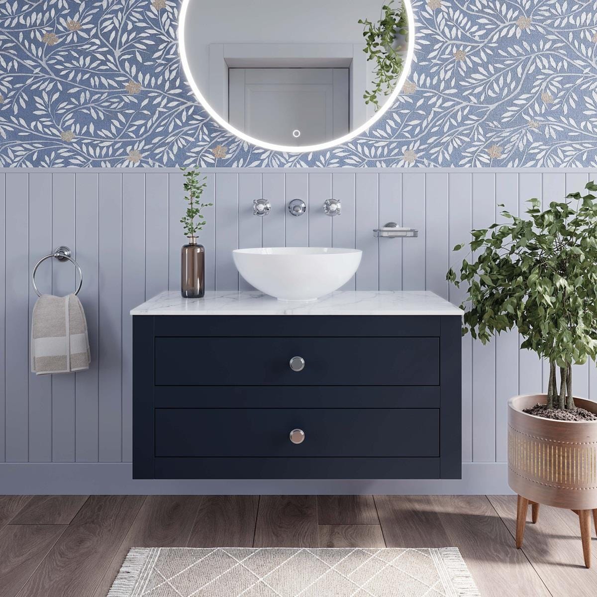 Crosswater Wall Mounted Vanity Unit Crosswater Canvass Vanity Unit with White Carrara Marble Effect Worktop