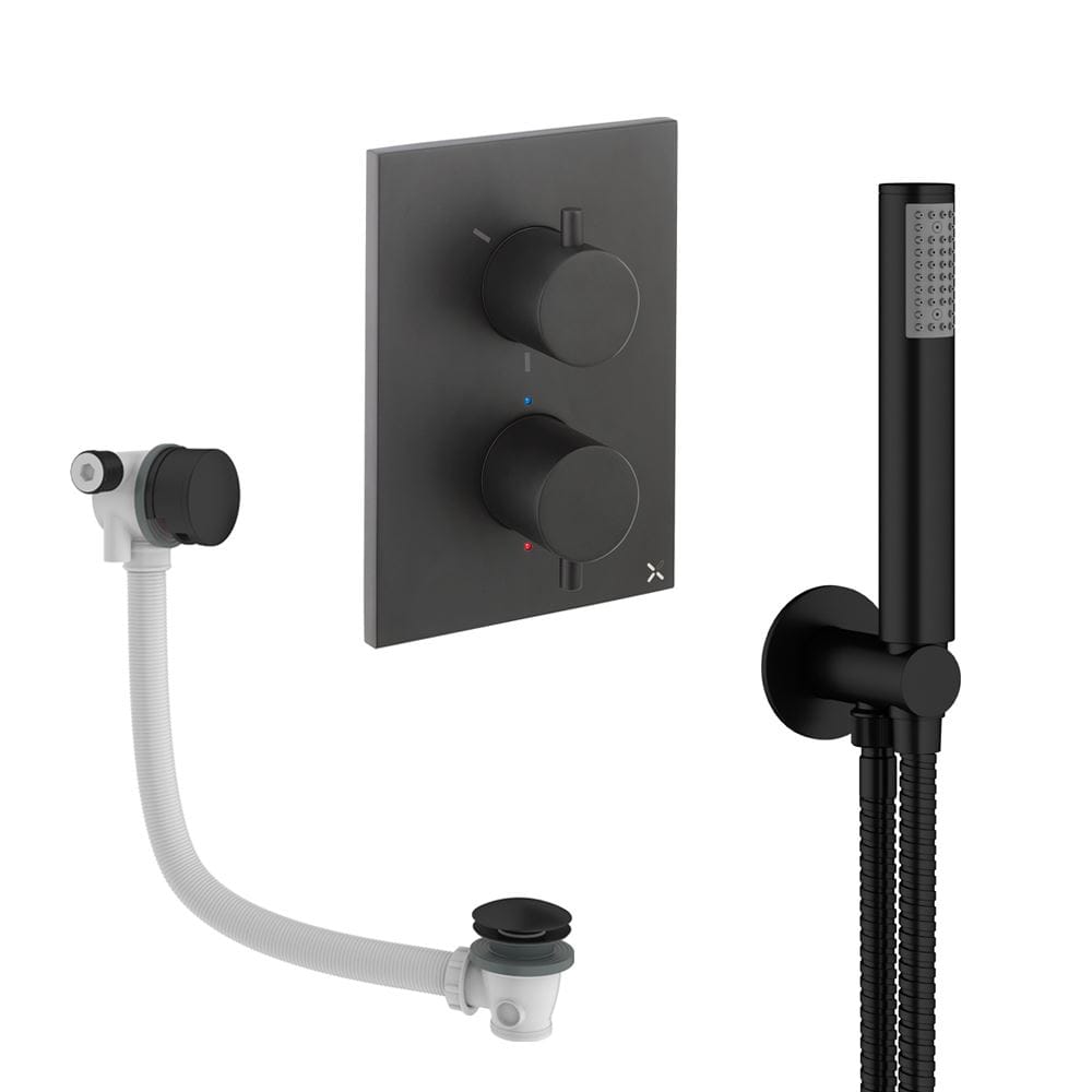 UK Bathroom Store Concealed Shower Set Matt Black Crosswater Crossbox Shower Set 5 - 2 Outlet with Pencil Handset and Overflow Bath Filler Waste