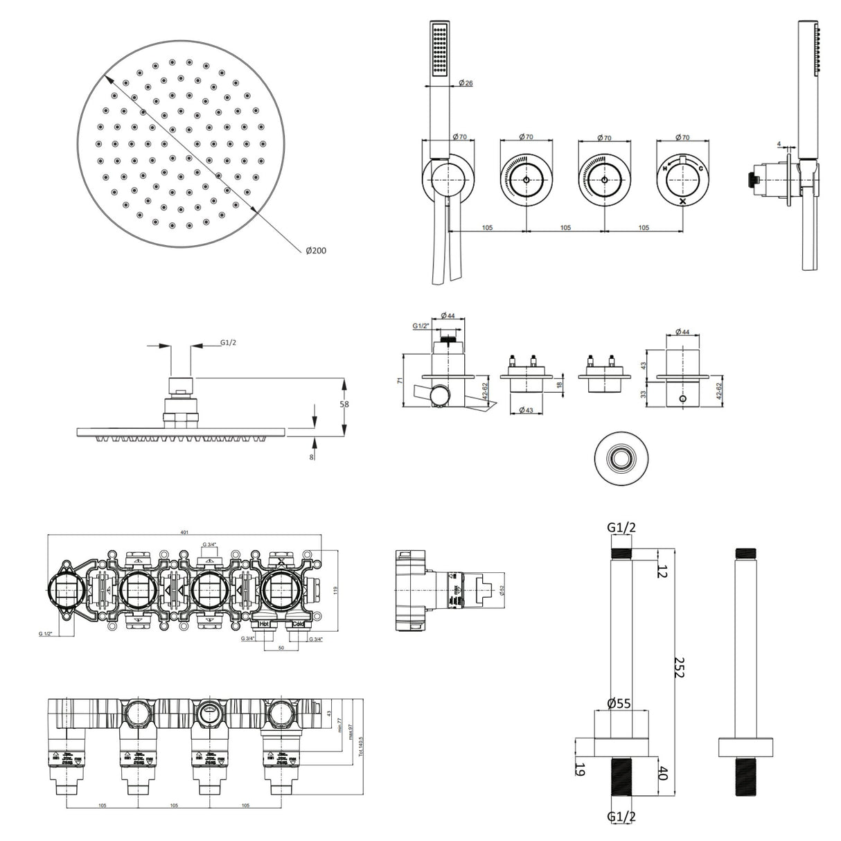 UK Bathroom Store Concealed Shower Set Crosswater Module Shower Set 8 - 2 Outlet with Pencil Handset and Overhead Shower